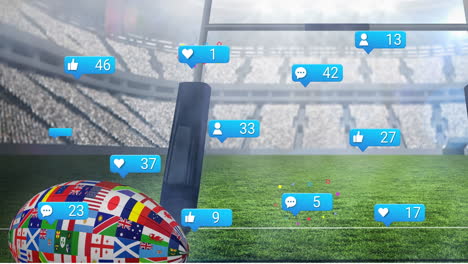 Animation-Von-Social-Media-Symbolen-Und-Länderflaggendesign-Auf-Einem-Rugbyball-Vor-Einem-Rugbystadion
