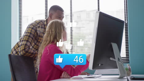 Animation-of-thumbs-up-icon-with-increasing-likes-against-diverse-man-and-woman-discussing-at-office