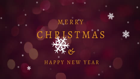 Animation-of-snowflakes-over-merry-christmas-and-new-year-text-banner-against-red-spots-of-light