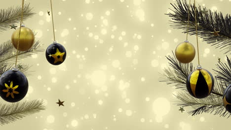 Christmas-trees-with-swinging-black-and-gold-baubles-over-glowing-light-spots-and-stars,-copy-space