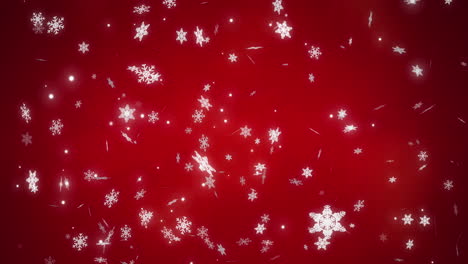 Weiße-Weihnachtsschneeflocken-Und-Lichtpartikel,-Die-Sich-Auf-Rotem-Bokeh-Hintergrund-Bewegen