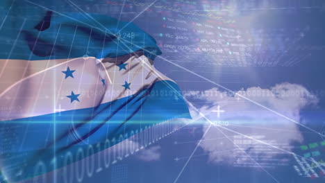 Animation-of-stock-market-data-processing-over-waving-honduras-flag-against-clouds-in-the-blue-sky