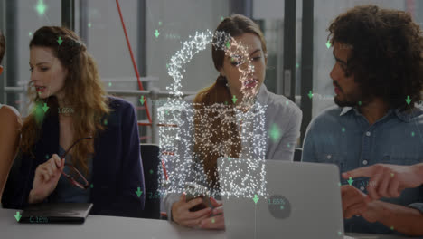 Animation-of-dots-forming-padlock-with-arrows-over-diverse-coworkers-discussing-reports-in-office