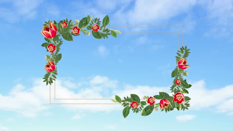 Animation-of-floral-design-rectangular-frame-with-copy-space-against-clouds-in-the-blue-sky