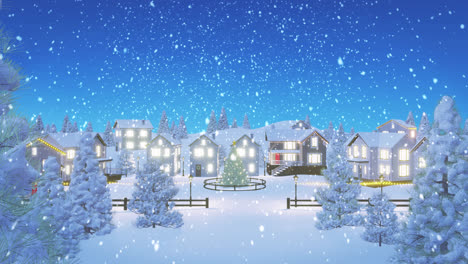 Animation-Von-Schnee,-Der-über-Beleuchtete-Häuser-In-Einer-Winterlandschaft-Fällt