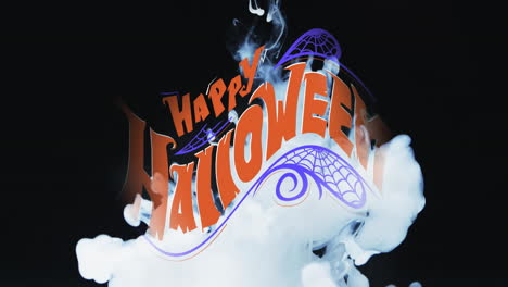 Animation-of-happy-halloween-text-and-white-smoke-on-black-background