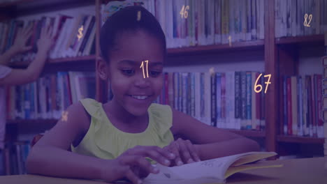 Animation-of-numbers-and-symbols-floating-over-african-american-girl-studying-in-library-at-school