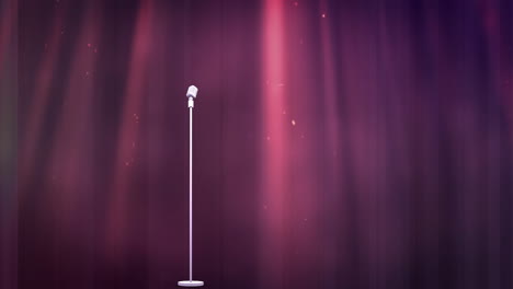 Animation-of-spotlights-and-retro-microphone-in-front-of-dark-red-theatre-curtain