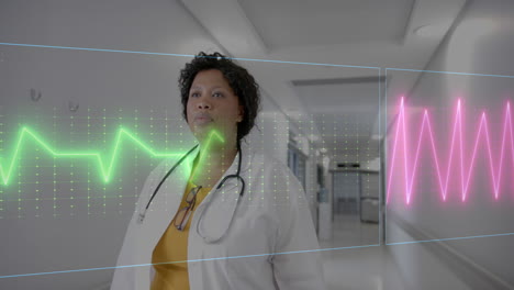 Animation-of-heart-rate-monitor-over-african-american-female-doctor-walking-in-corridor-at-hospital