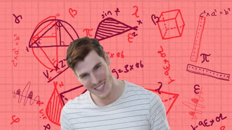 Animation-of-confident-caucasian-male-student-over-maths-equations-and-geometry-on-pink-paper