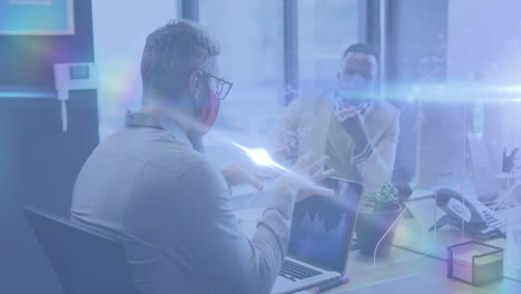 Animation-of-glowing-lights-over-business-people-wearing-face-masks