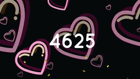 Animation-of-confetti-over-numbers-and-heart-icons-on-black-background