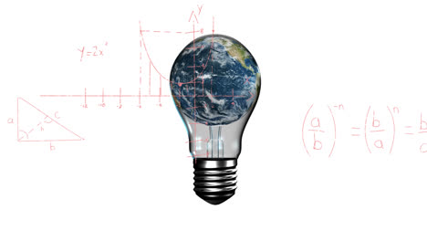 Animation-of-light-bulb-with-globe-over-mathematical-equations-on-white-background