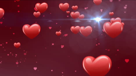 Animation-of-light-spot-moving-over-red-heart-icons-falling-and-floating-against-red-background