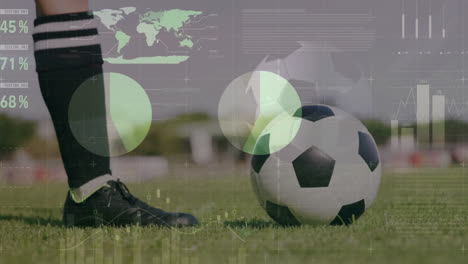 Animation-of-financial-data-processing-over-caucasian-football-player-with-ball-on-pitch