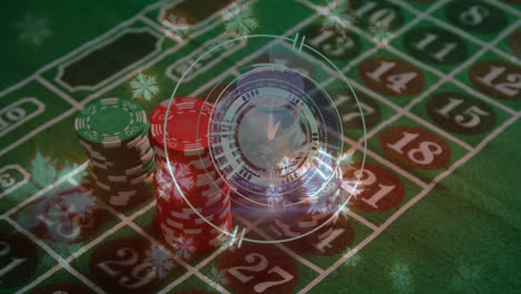 Animation-of-neon-ticking-clock-and-snowflakes-icons-over-stack-of-casino-poker-chips-on-a-table