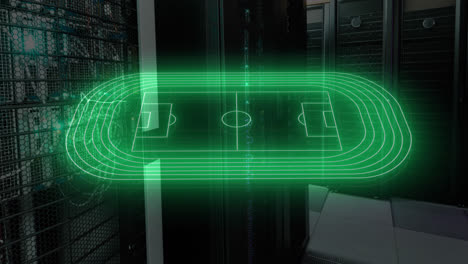 Animation-of-illuminated-basketball-court-drawing-over-server-room-in-background