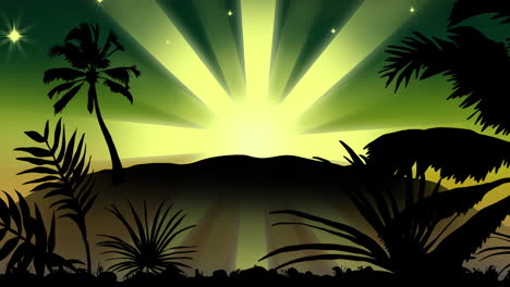 Animation-of-palm-trees-and-green-shooting-star-on-green-background