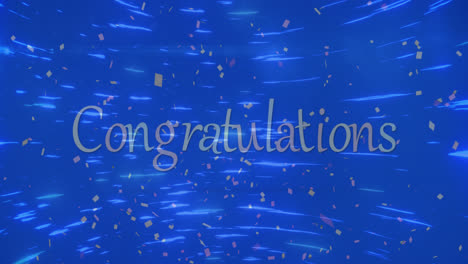 Animation-of-confetti-falling-and-light-trails-over-congratulations-text-on-blue-background