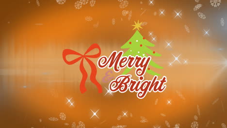Animation-Von-Schneeflocken,-Leuchtenden-Sternen,-Fröhlichem-Hellem-Text,-Weihnachtsbaumsymbol-Auf-Orangefarbenem-Hintergrund