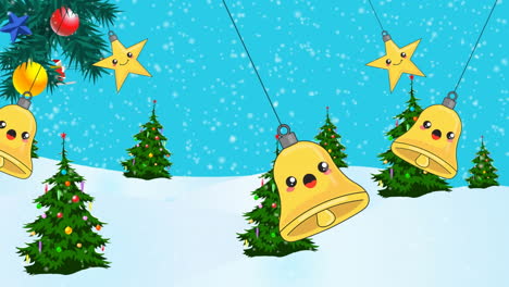 Fröhliche-Goldene-Glocken-Und-Sterne-über-Weihnachtsbäumen-In-Der-Winterlandschaft