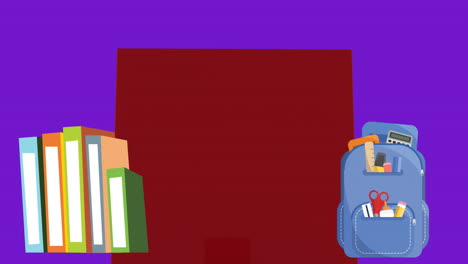 Animation-of-stack-of-books-and-school-bag-icon-against-red-banner-with-copy-space