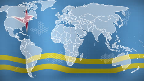 Animation-Der-Weltkarte-Und-Datenverarbeitung-Vor-Dem-Hintergrund-Der-Wehenden-Aruba-Flagge