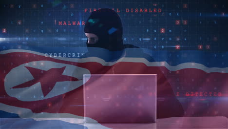 Animation-Der-Datenverarbeitung-Und-Des-Cyber-Warntextes-Mit-Hackern-über-Der-Flagge-Nordkoreas