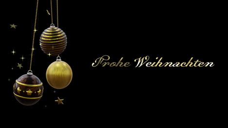 Frohe-weihnachten-text-in-gold-with-black-and-gold-christmas-baubles-and-stars-on-black-background