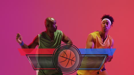 Animation-Einer-Anzeigetafel-Vorlage-über-Afroamerikanischen-Männlichen-Basketballgegnern,-Die-Um-Den-Ball-Spielen