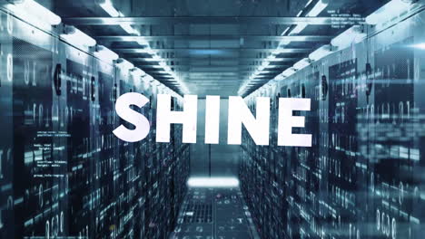 Animation-of-shine-text-banner,-binary-coding-and-mosaic-sqaures-against-computer-server-room