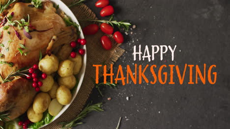 Animation-of-happy-thanksgiving-text-and-dinner-on-grey-background