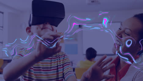 Animation-of-glowing-light-trails-of-data-transfer-and-caucasian-boy-in-vr-headset