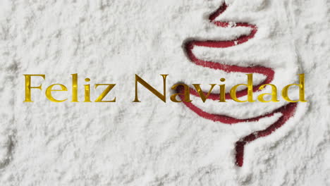 Animation-of-feliz-navidad-text-over-christmas-tree-drawn-in-snow-background