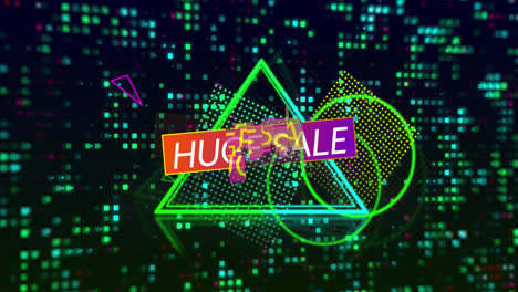 Animation-of-huge-sale-over-triangle-and-black-background-with-dots