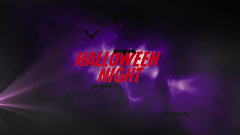 Animation-of-halloween-night-text-banner-over-purple-light-spot-and-digital-wave-on-black-background