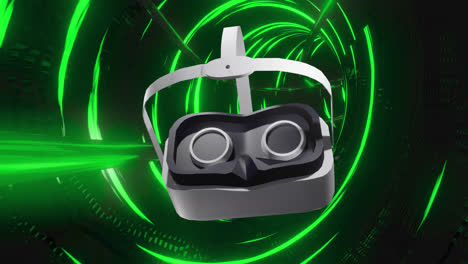 Animation-Eines-VR-Headsets-über-Leuchtenden-Neongrünen-Lichtern,-Die-Sich-Auf-Schwarzem-Hintergrund-Bewegen
