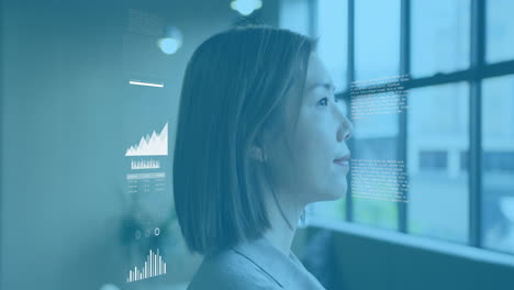 Animation-of-statistical-data-processing-over-thoughtful-asian-woman-looking-out-of-window-at-office