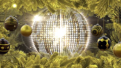 Animation-of-gold-decorations-and-mirror-disco-globe-on-fir-tree-background