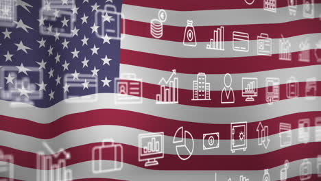 Animation-Der-Benutzeroberfläche-Mit-Mehreren-Digitalen-Symbolen-Vor-Dem-Hintergrund-Einer-Wehenden-US-Flagge