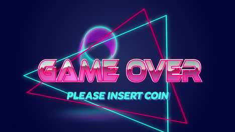 Animation-of-game-over-text-on-triangular-banner-over-spiral-shape-spinning-on-blue-background