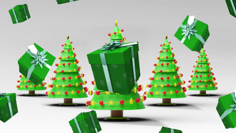 Animation-Von-Geschenken-über-Weihnachtsbäumen-Auf-Weißem-Hintergrund