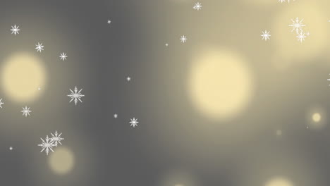 Animation-Von-Schneeflocken,-Die-Gegen-Leuchtende-Lichtpunkte-Auf-Grauem-Hintergrund-Mit-Kopierraum-Fallen