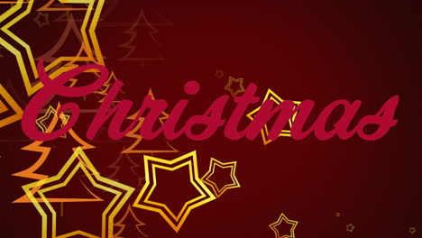 Animation-of-stars-christmas-tree-icons-floating-over-christmas-text-banner-on-red-background