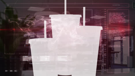 Animation-of-digital-screen-with-white-cups-over-diverse-buisnesspeople-in-office