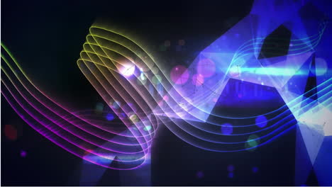 Animatiion-of-glowing-light-trails,-spots-of-light-and-plexus-networks-against-black-background