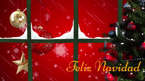 Animation-of-feliz-navidad-text-and-christmas-tree-against-view-of-hanging-decorations-from-window