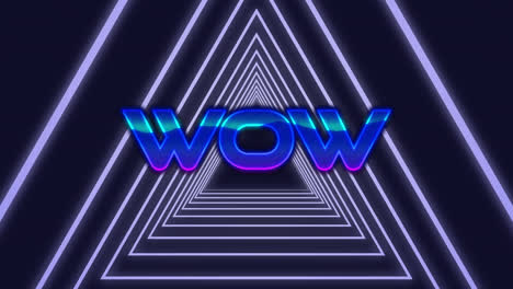Animation-of-wow-blue-text-over-tunnel-of-glowing-triangles