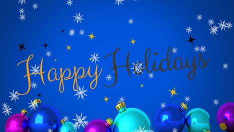 Animation-of-snowflakes-falling-over-happy-holidays-text-banner-and-baubles-on-blue-background