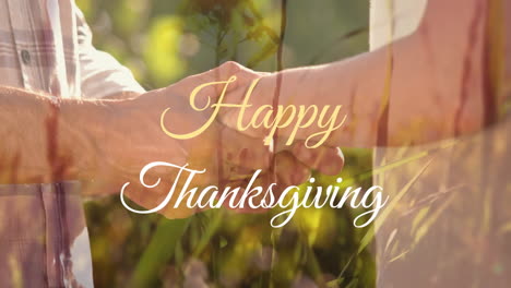 Animation-of-happy-thanksgiving-text-banner-against-mid-section-of-senior-couple-holding-hands